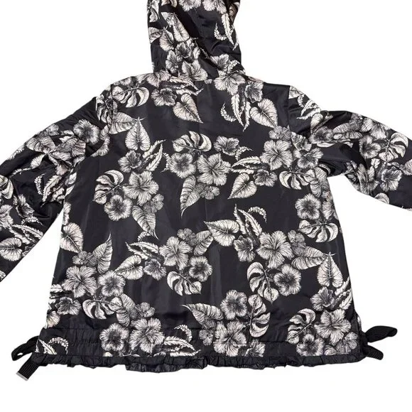 Dennis Basso Jacket Printed Floral Black White Water Resistant Hooded Ruffle Lg - Picture 8 of 16